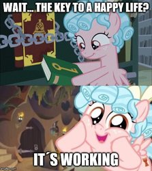 Size: 500x561 | Tagged: safe, edit, edited screencap, screencap, cozy glow, pegasus, pony, g4, the summer sun setback, a better ending for cozy, alternate ending, book, caption, cozy glow is best facemaker, cozybetes, cute, everything went better than expected, female, foal, image macro, solo, squishy cheeks, text