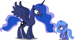 Size: 5189x2813 | Tagged: safe, artist:dashiesparkle edit, artist:zacatron94, edit, editor:slayerbvc, vector edit, princess luna, alicorn, pony, g4, accessory-less edit, bare hooves, duality, eye contact, female, filly, inverted mouth, looking at each other, looking down, looking up, mare, missing accessory, raised hoof, self ponidox, simple background, smiling, time paradox, transparent background, vector, woona, younger