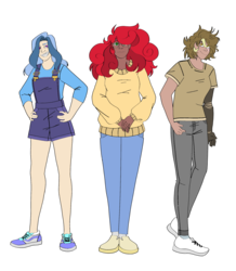 Size: 1789x2048 | Tagged: safe, artist:icicle-niceicle-1517, artist:snows-undercover, color edit, edit, oc, oc only, oc:apple berry, oc:tinker (ice1517), oc:twinkle mint, cyborg, human, icey-verse, amputee, braces, clothes, collaboration, colored, dark skin, female, flats, glasses, humanized, humanized oc, jeans, magical lesbian spawn, offspring, overalls, pants, parent:applejack, parent:derpy hooves, parent:doctor whooves, parent:minuette, parent:strawberry sunrise, parent:trixie, parents:applerise, parents:doctorderpy, parents:minixie, prosthetic limb, prosthetics, shirt, shoes, shorts, simple background, sneakers, socks, suspenders, sweater, t-shirt, transparent background