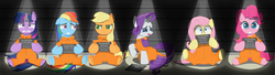 Size: 4583x1250 | Tagged: safe, artist:spellboundcanvas, applejack, fluttershy, pinkie pie, rainbow dash, rarity, twilight sparkle, pony, g4, angry, clothes, crying, embarrassed, happy, jail, mane six, mugshot, nervous, prison, prison outfit, prisoner, prisoner aj, prisoner fs, prisoner pp, prisoner rd, prisoner ry, prisoner ts, sad, scared, spotlight, teary eyes, varying degrees of want