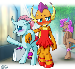 Size: 1178x1083 | Tagged: safe, artist:uotapo, idw, mina, ocellus, smolder, changedling, changeling, dragon, g4, blushing, changeling x dragon, clothes, cute, diaocelles, dragoness, dress, embarrassed, female, fillydelphia, high heels, humiliation, implied smolcellus, laughing, lesbian, minabetes, nervous, ship:smolcellus, shipping, shoes, shopping, shopping bag, smolder also dresses in style, smolder is not amused, smolderbetes, tree, unamused, uotapo is trying to murder us, uotapo will kill us all, window shopping