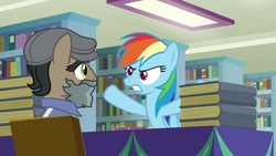 Size: 1920x1080 | Tagged: safe, screencap, doctor caballeron, rainbow dash, earth pony, pegasus, pony, daring doubt, g4, book, bookshelf, female, groom q.q. martingale, male, mare, stallion