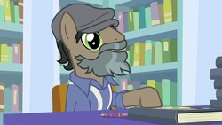 Size: 1920x1080 | Tagged: safe, screencap, doctor caballeron, earth pony, pony, daring doubt, g4, book, bookshelf, groom q.q. martingale, male, solo, stallion