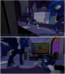 Size: 3876x4382 | Tagged: safe, artist:northern haste, princess luna, oc, oc:frenzy, pony, g4, 2 panel comic, 3d, absurd resolution, age regression, baby, baby pony, colt, comic, crying, diaper, foal, fruna, male, scared, source filmmaker, teletubbies, television, tiddlytubbies