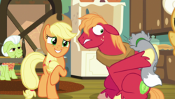 Size: 1920x1080 | Tagged: safe, screencap, applejack, big macintosh, goldie delicious, granny smith, cat, earth pony, pony, g4, going to seed, bags under eyes, female, freckles, grin, horse collar, male, mare, raised hoof, scared, smiling, stallion, unshorn fetlocks