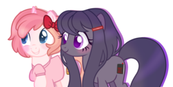 Size: 2729x1378 | Tagged: safe, artist:katie-mlp-bases, artist:strawberry-spritz, oc, oc only, oc:hazelnut-nebula, oc:sunny side up, earth pony, pony, unicorn, base used, crossover, doki doki literature club, duo, duo female, female, mare, sayori, yuri (ddlc)