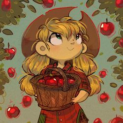 Size: 500x500 | Tagged: safe, artist:rumbletree6, applejack, human, g4, apple, apple tree, basket, cowboy hat, cute, female, food, hat, humanized, jackabetes, looking up, pigtails, solo, tree, twintails