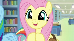 Size: 1920x1080 | Tagged: safe, screencap, fluttershy, rainbow dash, pony, daring doubt, g4, book, bookshelf, cute, shyabetes