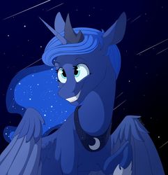 Size: 1280x1326 | Tagged: safe, artist:esterens, princess luna, alicorn, pony, g4, cute, female, lunabetes, mare, night, no more ponies at source, shooting star, sky, smiling, solo, starry night, stars, two toned wings, wings