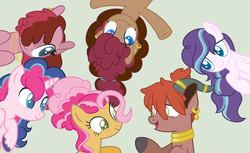 Size: 1980x1212 | Tagged: safe, artist:justanotherfan-trash, oc, oc only, oc:candy shield, oc:jack, oc:molly, oc:party cheese, oc:penelope, oc:rock candy, earth pony, hybrid, original species, pony, unicorn, yakony, brother and sister, cloven hooves, ear piercing, earring, female, green background, hair over one eye, half-siblings, interspecies offspring, jewelry, male, offspring, on back, parent:cheese sandwich, parent:pinkie pie, parent:prince rutherford, parent:shining armor, parents:cheesepie, parents:pinkieford, parents:shiningpie, piercing, siblings, simple background, sisters