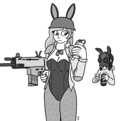 Size: 1500x1500 | Tagged: safe, artist:mkogwheel, princess celestia, twilight sparkle, human, g4, armor, breasts, bunny suit, bunnylestia, busty princess celestia, cleavage, clothes, dog tags, fantasy class, female, flamethrower, fn scar, gas mask, gun, hoodie, humanized, mask, monochrome, simple background, smoke grenade, soldier, this will end in fire, trigger discipline, warrior, warrior celestia, weapon, white background