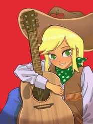 Size: 2048x2732 | Tagged: safe, artist:nanjun404, applejack, equestria girls, equestria girls series, five to nine, g4, bandana, beautiful, clothes, cowboy hat, cowgirl, cute, female, guitar, hat, high res, jackabetes, jeans, musical instrument, pants, pixiv, red background, simple background, sitting, smiling, solo