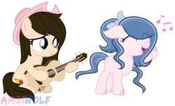 Size: 1171x707 | Tagged: safe, artist:amgiwolf, oc, oc only, oc:huny, oc:sparkdust knight, earth pony, pony, base used, duo, female, filly, guitar, musical instrument, simple background, transparent background