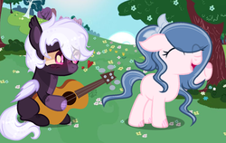 Size: 1308x828 | Tagged: safe, artist:lominicinfinity, artist:sugaryicecreammlp, oc, oc only, oc:midnight star, oc:sparkdust knight, bat pony, earth pony, pony, base used, collaboration, colt, duo, female, filly, guitar, male, musical instrument, sparkdustverse