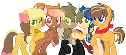 Size: 1700x748 | Tagged: safe, artist:justanotherfan-trash, oc, oc only, oc:apple bottom jeans, oc:apple flower, oc:cc, oc:golden pear, oc:rotten core, earth pony, hybrid, pony, bow, brother and sister, chest fluff, cloven hooves, colored sclera, curved horn, draconequus hybrid, female, hair bow, half-siblings, horn, interspecies offspring, male, neckerchief, offspring, parent:applejack, parent:caramel, parent:discord, parent:fancypants, parents:applecord, parents:carajack, parents:fancyjack, siblings, simple background, slit pupils, white background