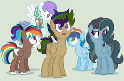 Size: 1236x804 | Tagged: safe, artist:justanotherfan-trash, oc, oc only, oc:blue storm, oc:daring colour, oc:dark colours, oc:quick zap, oc:raindrop, pegasus, pony, blaze (coat marking), brother and sister, coat markings, eyeshadow, facial markings, female, green background, half-siblings, makeup, male, multicolored eyes, offspring, parent:quibble pants, parent:rainbow dash, parent:soarin', parent:trouble shoes, parents:quibbledash, parents:soarindash, parents:troubledash, rainbow hair, siblings, simple background, unshorn fetlocks