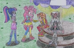 Size: 2104x1356 | Tagged: safe, artist:nephilim rider, pinkie pie, sci-twi, sunset shimmer, twilight sparkle, oc, oc:heaven lost, equestria girls, equestria girls series, g4, sunset's backstage pass!, spoiler:eqg series (season 2), shoes, sneakers, traditional art
