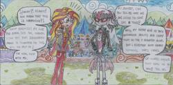 Size: 2300x1136 | Tagged: safe, artist:nephilim rider, sunset shimmer, oc, oc:heaven lost, equestria girls, equestria girls specials, g4, my little pony equestria girls: better together, my little pony equestria girls: sunset's backstage pass, traditional art