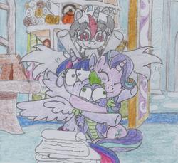 Size: 1407x1288 | Tagged: safe, artist:nephilim rider, spike, starlight glimmer, twilight sparkle, oc, oc:heaven lost, alicorn, dragon, pony, a horse shoe-in, g4, hug, nephilim, traditional art, twilight sparkle (alicorn), winged spike, wings