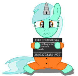 Size: 1076x1050 | Tagged: safe, artist:stephen-fisher, artist:tardifice, pony, clothes, crying, horn, horn cap, magic suppression, mugshot, prison outfit, prisoner, sad, simple background, solo, transparent background