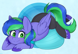 Size: 2870x2000 | Tagged: safe, artist:higglytownhero, oc, oc only, oc:felicity stars, pegasus, pony, abstract background, blushing, clothes, cute, exercise ball, eye clipping through hair, female, high res, looking at you, pants, prone, simple background, solo, yoga, yoga pants