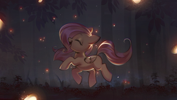 Size: 2201x1239 | Tagged: safe, artist:mirroredsea, fluttershy, firefly (insect), insect, pegasus, pony, g4, cute, eyes closed, female, filly, filly fluttershy, folded wings, forest, night, open mouth, outdoors, prancing, profile, scenery, shyabetes, smiling, solo, tree, wings, younger