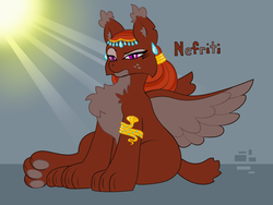 Size: 3264x2448 | Tagged: safe, artist:wispy tuft, oc, oc only, oc:nefriti, cat, sphinx, cat ears, crepuscular rays, egyptian, eye markings, eyeshadow, frown, high res, jewelry, makeup, mind reading, mind sphinx, paws, pose, red, sitting, solo, somnambula resident, sphinx oc, teardrop, underpaw