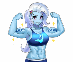 Size: 800x677 | Tagged: safe, artist:tzc, trixie, human, equestria girls, g4, abs, armpits, biceps, body writing, bodybuilder, breasts, busty trixie, commission, cutie mark on clothes, female, flexing, grand and muscular trixie, muscles, simple background, solo, white background