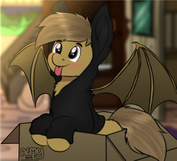 Size: 865x790 | Tagged: safe, artist:suchalmy, oc, oc only, oc:almond evergrow, bat pony, earth pony, pony, :p, bat ponified, bat wings, box, pony in a box, race swap, solo, tongue out, wings