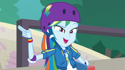 Size: 1920x1080 | Tagged: safe, screencap, rainbow dash, equestria girls, equestria girls series, g4, sic skateboard, spoiler:eqg series (season 2), clothes, elbow pads, female, geode of super speed, helmet, jacket, looking at you, magical geodes, outdoors, raised eyebrow, skate park, skateboard