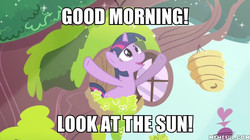 Size: 600x337 | Tagged: safe, edit, edited screencap, screencap, twilight sparkle, pony, unicorn, g4, magical mystery cure, female, golden oaks library, i've got a golden ticket, memeful.com, morning in ponyville, roald dahl, solo, unicorn twilight, willy wonka and the chocolate factory