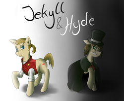 Size: 2560x2100 | Tagged: safe, artist:partes, earth pony, pony, cloak, clothes, crossover, dissociative identity disorder, dr jekyll and mr hyde, duality, evil smile, gradient background, grin, hat, high res, male, multiple personality, ponified, raised hoof, smiling, stallion, top hat