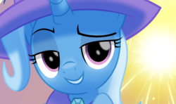 Size: 628x371 | Tagged: safe, artist:jhayarr23, trixie, pony, unicorn, g4, cape, clothes, female, fireworks, hat, lidded eyes, looking at you, mare, raised eyebrow, smiling, solo, trixie's cape, trixie's hat