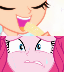 Size: 1921x2156 | Tagged: safe, edit, edited screencap, screencap, frosty orange, pinkie pie, equestria girls, equestria girls specials, g4, my little pony equestria girls: better together, my little pony equestria girls: sunset's backstage pass, anxiety, churros, close-up, eating, extreme close-up, eyes closed, female, food, happy, images that precede unfortunate events, nervous, open mouth, shrunken pupils, sweat, wide eyes