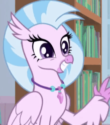 Size: 424x480 | Tagged: safe, screencap, silverstream, classical hippogriff, hippogriff, a horse shoe-in, g4, animated, book, bookshelf, cropped, cute, diastreamies, female, gif, happy, hello, jewelry, looking at you, loop, necklace, quadrupedal, smile and wave, smiling, solo, teenager, waving