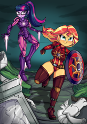 Size: 3508x4961 | Tagged: safe, artist:gaggeddude32, sci-twi, sunset shimmer, twilight sparkle, human, equestria girls, g4, absurd resolution, armor, avengers: endgame, boots, captain america, clothes, commission, crossover, duo, glasses, iron man, leotard, marvel, ponytail, shield, shoes, superhero, thigh boots