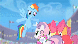 Size: 1280x720 | Tagged: safe, screencap, apple bloom, ms. harshwhinny, rainbow dash, scootaloo, sweetie belle, earth pony, pegasus, pony, unicorn, flight to the finish, g4, animated, cute, cutie mark crusaders, excited, extended trot pose, female, filly, flower, mare, ms. cutewhinny, smiling, sound, unprofessional, webm, when she smiles
