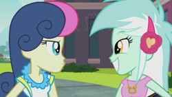 Size: 661x372 | Tagged: safe, screencap, bon bon, lyra heartstrings, sweetie drops, all's fair in love & friendship games, equestria girls, g4, duo, duo female, female, looking at each other, smiling
