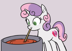 Size: 1928x1374 | Tagged: safe, artist:thehuskylord, sweetie belle, pony, unicorn, g4, cooking, cutie mark, female, filly, food, ladle, mouth hold, simple background, smiling, solo, soup, sweetie belle can't cook, sweetie fail, this will end in food poisoning