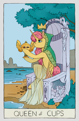 Size: 2284x3508 | Tagged: safe, artist:cuttledreams, fluttershy, alicorn, pony, pony pov series, g4, alicornified, crown, fanfic art, flower, flower in hair, fluttercorn, high res, jewelry, queen of cups, queen of hearts, race swap, regalia, tarot card, throne