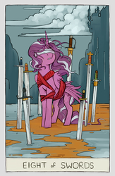 Size: 2284x3508 | Tagged: safe, artist:cuttledreams, diamond tiara, alicorn, pony, pony pov series, g4, eight of spades, eight of swords, fanfic art, female, high res, race swap, solo, sword, tarot card, weapon