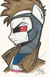 Size: 711x1123 | Tagged: safe, artist:ponygoddess, earth pony, pony, anti-hero, black sclera, crossover, gambit, ponified, red pupils, serious, serious face, simple background, solo, traditional art, white background, wild card (x-men), x-men