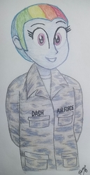 Size: 995x1929 | Tagged: safe, artist:pabrony83, rainbow dash, equestria girls, g4, air force, alternate hairstyle, fanfic art, fatigues, female, solo, traditional art