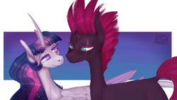 Size: 3500x1982 | Tagged: safe, artist:eugenchen, tempest shadow, twilight sparkle, alicorn, pony, unicorn, g4, abstract background, broken horn, curved horn, ethereal mane, eye scar, female, horn, lesbian, lidded eyes, looking at each other, mare, scar, scar on the wrong side, ship:tempestlight, shipping, starry mane, twilight sparkle (alicorn)