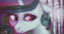Size: 936x511 | Tagged: safe, artist:eugenchen, princess celestia, alicorn, pony, g4, bust, female, floppy ears, forest, looking back, mare, missing accessory, portrait, solo