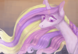 Size: 662x459 | Tagged: safe, artist:eugenchen, princess cadance, pony, g4, abstract background, bust, female, mare, missing accessory, solo, windswept mane