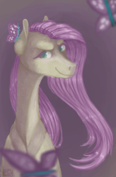 Size: 630x963 | Tagged: safe, artist:eugenchen, discord, fluttershy, butterfly, pony, g4, the return of harmony, bust, female, flutterbitch, gradient background, looking at you, mare, smiling, smirk, solo, species swap