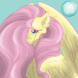 Size: 894x894 | Tagged: dead source, safe, artist:will-owl-the-wisp, fluttershy, pegasus, pony, g4, cute, ear fluff, female, hair over one eye, looking at you, mare, shyabetes, simple background, smiling, solo, spread wings, stray strand, wings