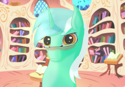 Size: 2000x1400 | Tagged: safe, artist:aterhut, lyra heartstrings, pony, unicorn, g4, blushing, bust, female, glasses, golden oaks library, looking at you, mare, solo