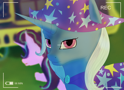 Size: 2360x1712 | Tagged: safe, artist:aterhut, starlight glimmer, trixie, pony, unicorn, g4, camera shot, cape, clothes, duo, female, hat, looking at you, mare, trixie's cape, trixie's hat, trixie's wagon